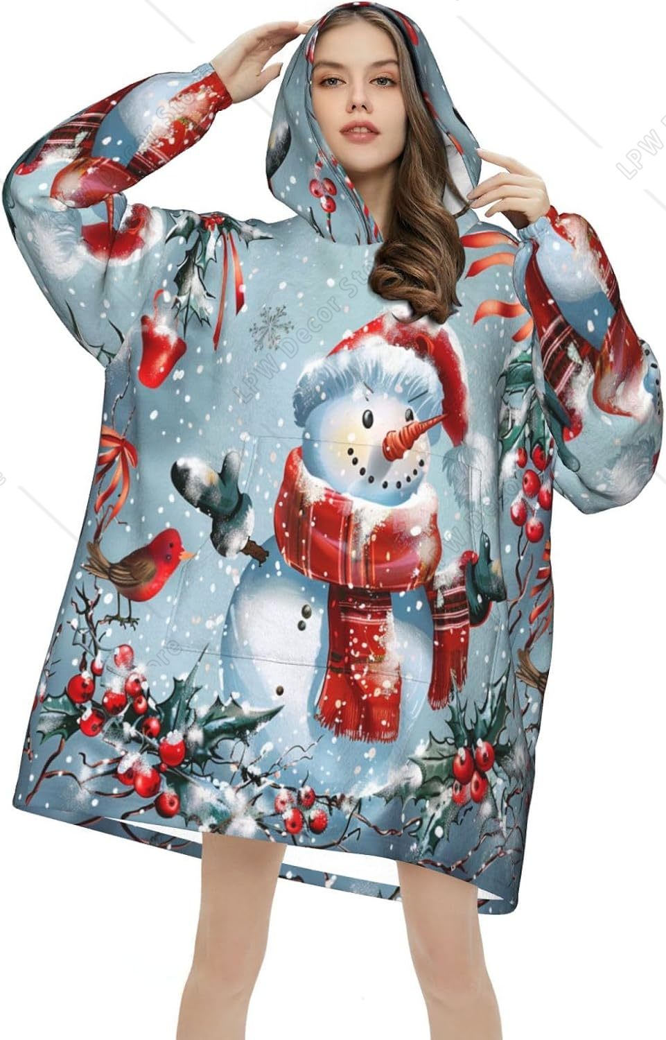 Sherpa Hoodie Fleece - Selimut Hoodie Snowman Natal yang Dapat