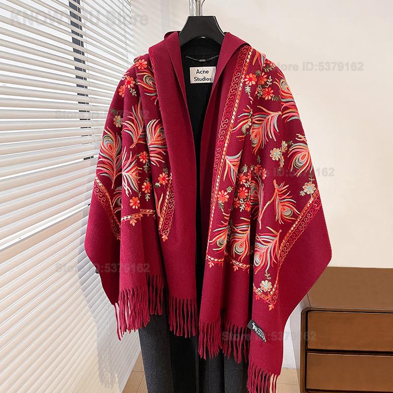 Cashmere Pashmina Wrap - Selendang Bordir Bulu Vintage Etnik Wanita,