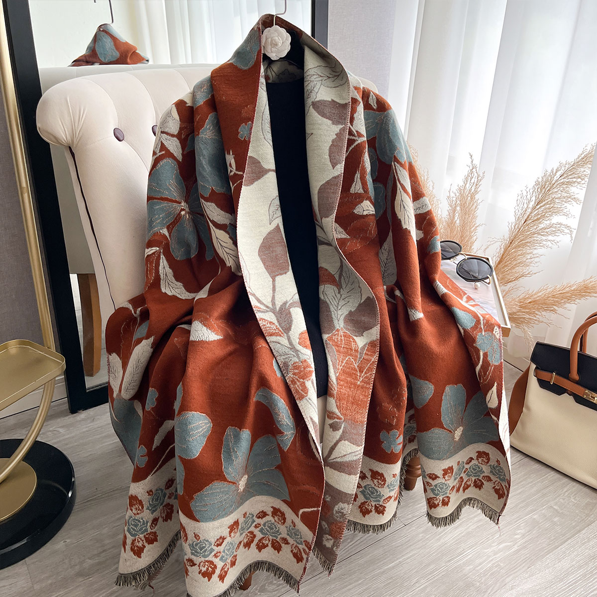 Shawl Wrap Winter - Syal Jacquard Kasmir Dua Sisi Paisley