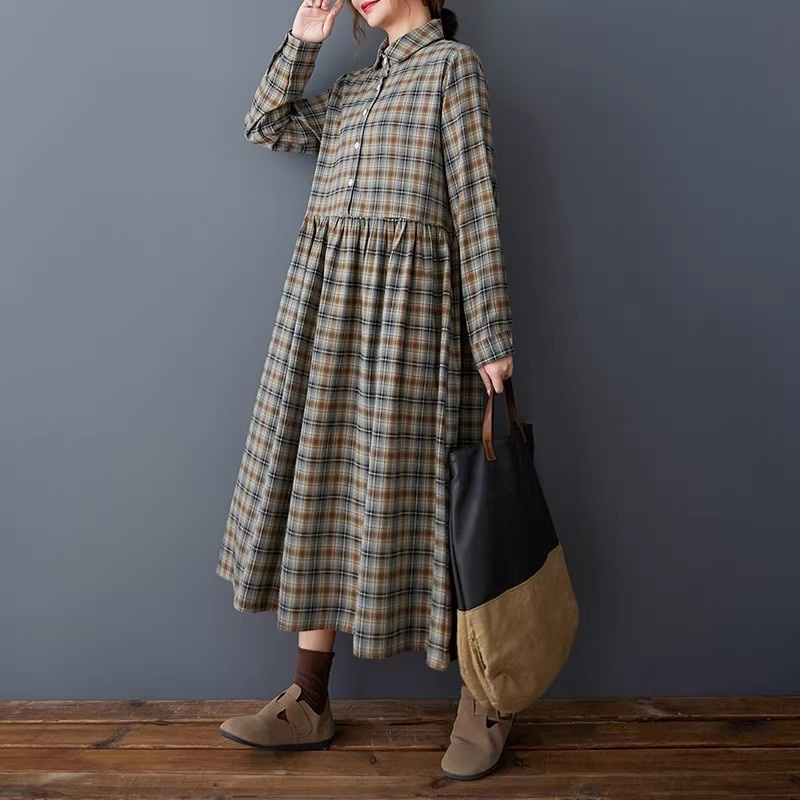 Flannel Shirt Lined - Gaun Kemeja Kotak-kotak Retro Korea -