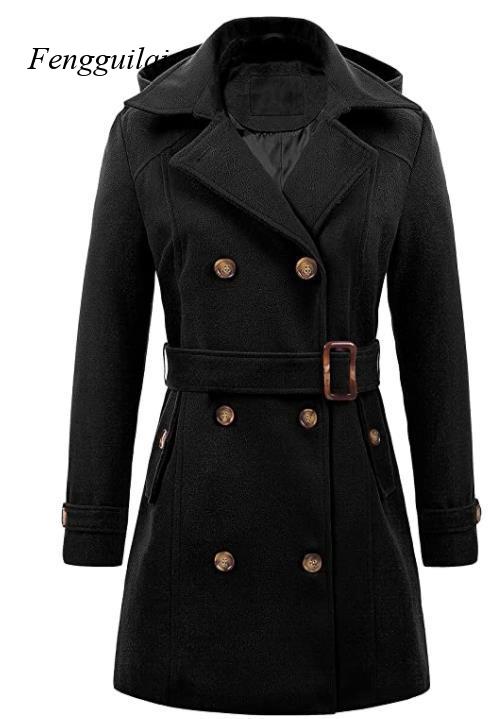 Wool Coat Peacoat - Jas Wanita Hitam Berkerudung Model Double